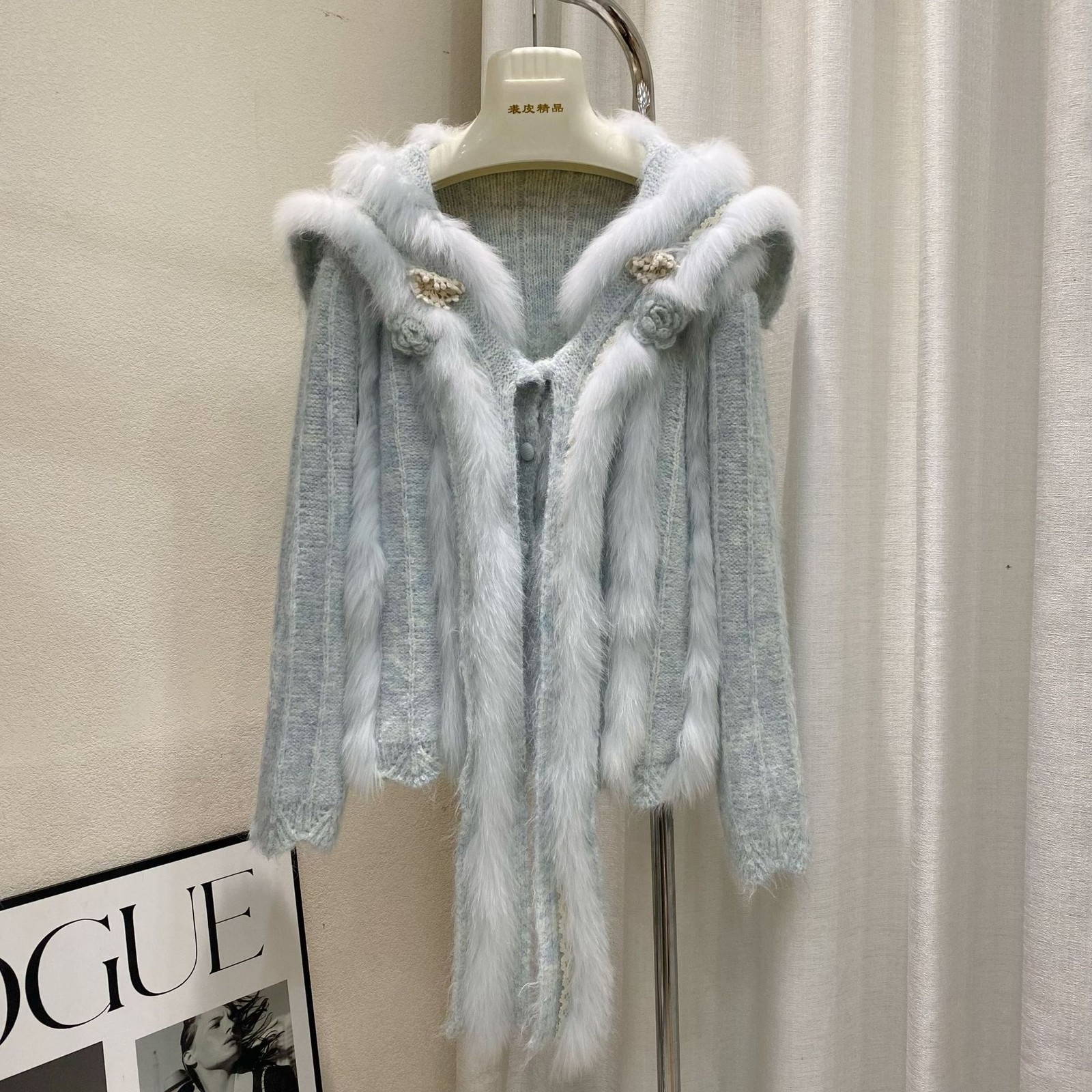 New Womens Navy Collar Flower Wool Sweater Cardigan Real Fox Fur Short Jacket