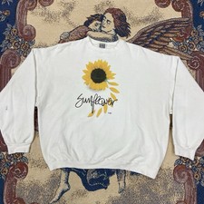 Vintage Sunflower Sweatshirt Beige 90s Flower Art Crewneck Size XL