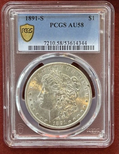 1891 S Morgan Silver Dollar PCGS AU58 Super Nice Coin, Close To MS Gold Shield
