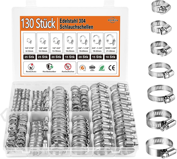 130 Stk Schlauchschellen Edelstahl - Einstellbare 6-38MM Rohrschellen Set-image