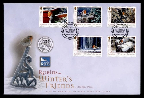 DR WHO 2004 GB ISLE OF MAN FDC BIRD ROBIN WINTER FRIENDS COMBO M77290