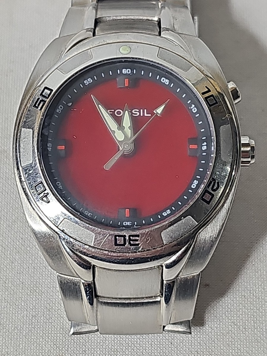 Fossil Big Tic Watch AM-3847 Silver Tone Red Face - Dead Battery