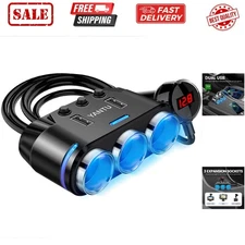 Cigarette Lighter Adapter & Splitter with 150W 3-Sockets & LED Ambient Lighti...