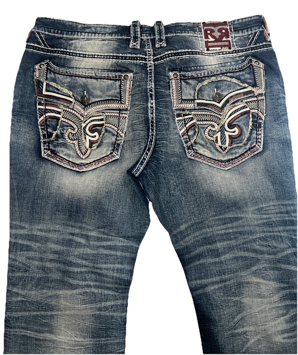 Mens Rock Revival Jean RAYNE Straight Leg Size 44x32 Blue Wash Red Stitch  Rips