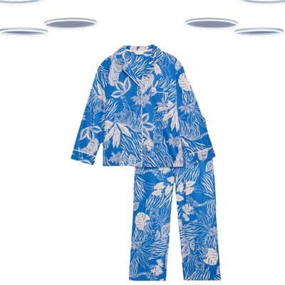 Ex M an S Pyjama Set - Langarm Comfort Baumwolle blau hell Blumenmuster