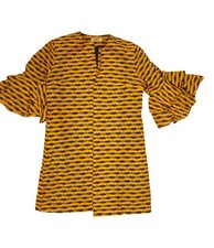 AFRIPRIDE Dress Womens L Yellow African Print V Neck Bell Sleeve Shift Short