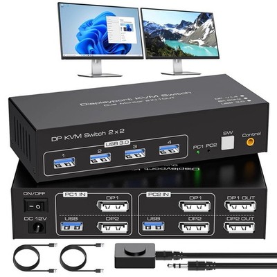 VPFET KVM Switch DisplayPort Dual Monitor 2 Port Displayport 1.4 Switch