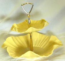 Yellow Two-Tiered Tidbit Serving Tray Ruffled Dish USA