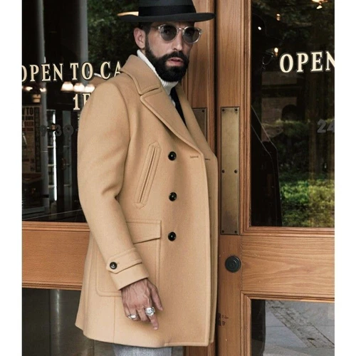Mens Black Pea Coat 100% Wool Blend Double Breasted button Jacket Trench Coat - Picture 11 of 15
