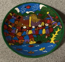 A-15) Clay Pottery Hand Painted Round Plate Mexico Mexican Wall Sculpture Art