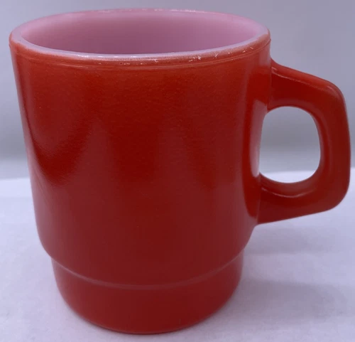 Anchor Hocking Oven Proof Bright Red Mug 8oz USA 312 Vintage Milk Glass D Handle