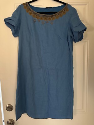 Elie Tahari Vintage Blue Linen Dress gold trim $40 Size 12 | eBay