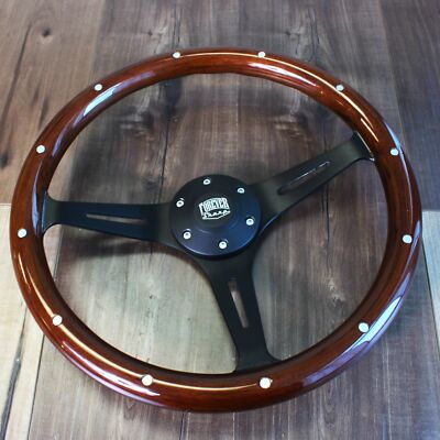 15'' Steering Wheel Matte Black Spokes Riveted Dark Wood Grip - 6 Hole