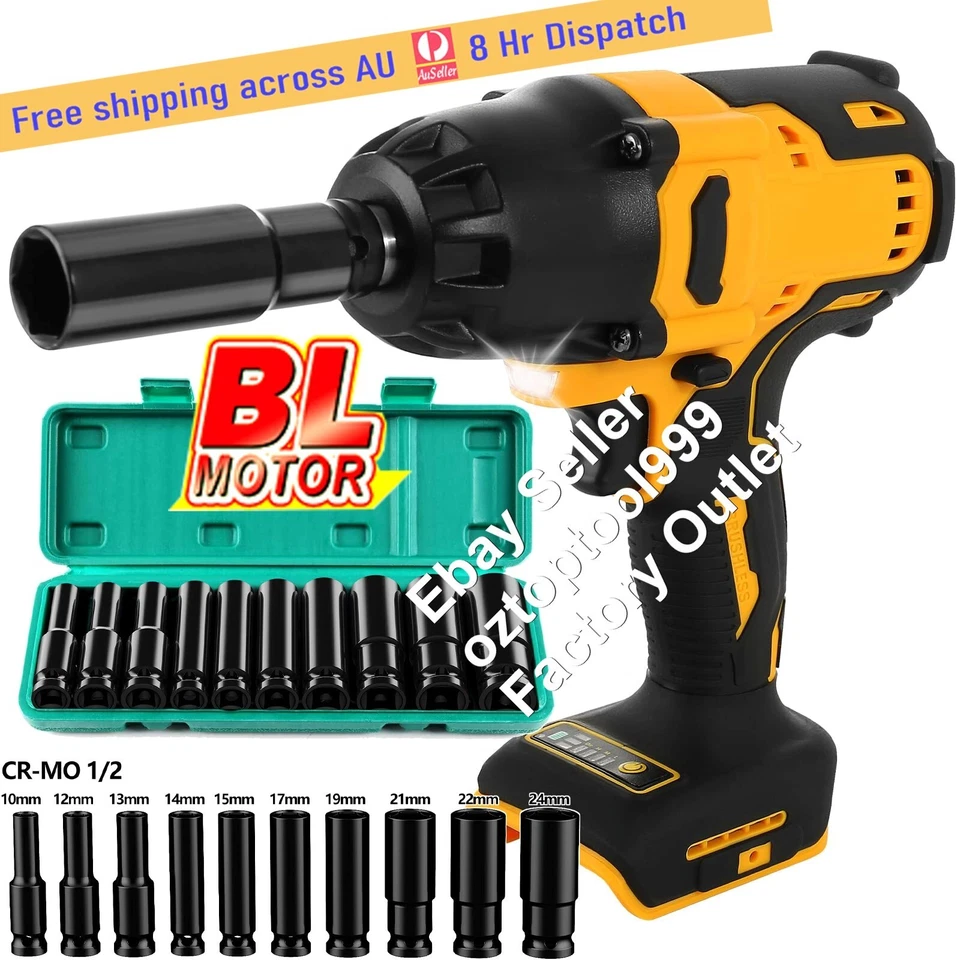 1/2" 1000 Nm For Dewalt 20V Battery Brushless Cordless Impact Wrench Rattle Gun