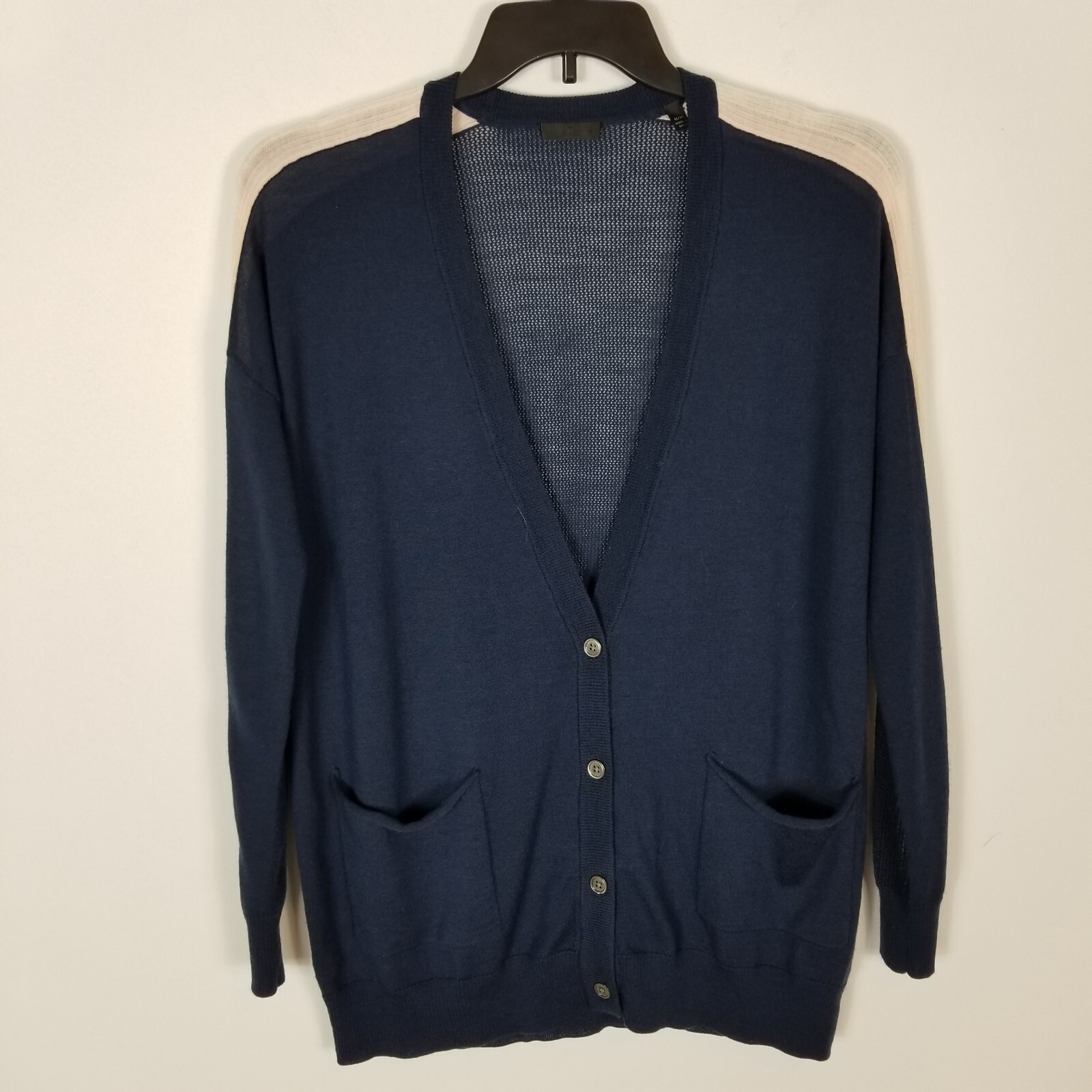 ATM Women Schoolboy Merino Wool Cardigan Size M Navy Blue Sweater