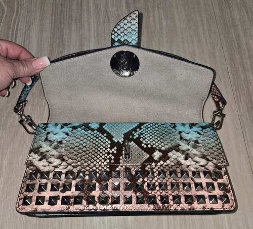 Michael Kors Greenwich Silver Stud Bag Ocean Blue MLT MSRP $458 Snake Embossed - Picture 4 of 13