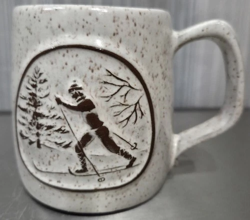 Vintage Onion River Mug Pottery/Stoneware Embossed Cross Country Skiing