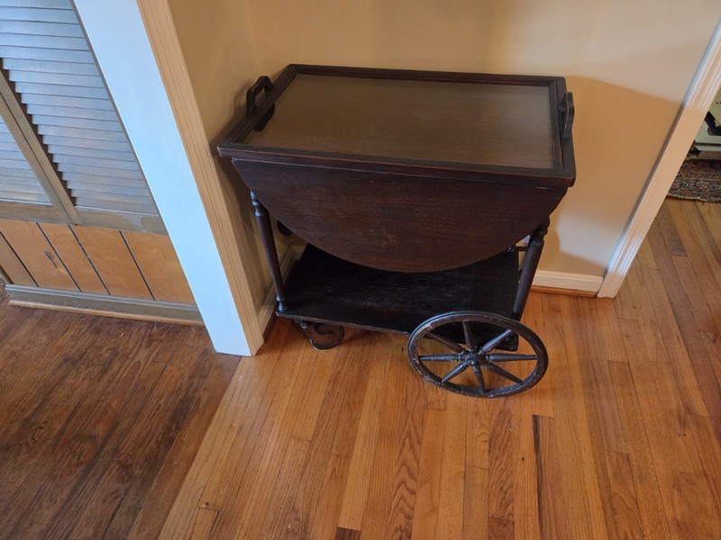 Antique Wooden Tea Cart with Removable Glass Serving Tray and   Drop Handle