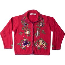 Victoria Jones Womens L Christmas Cardigan Sweater Ramie Holiday Embroidered