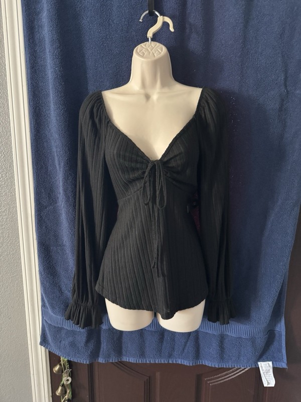 Black Long Sleeve Peplum Top 1XL