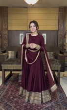 Traditional Wear Maroon Chinon Silk Salwar Kameez With Dupatta For Women