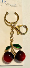 Cherry Bag Charm KeyChain Gold Tone Enamel Glitter