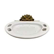 Italian Brass And White Porcelain Bar Soap Toothbrush Mount Holder Dish Vintage