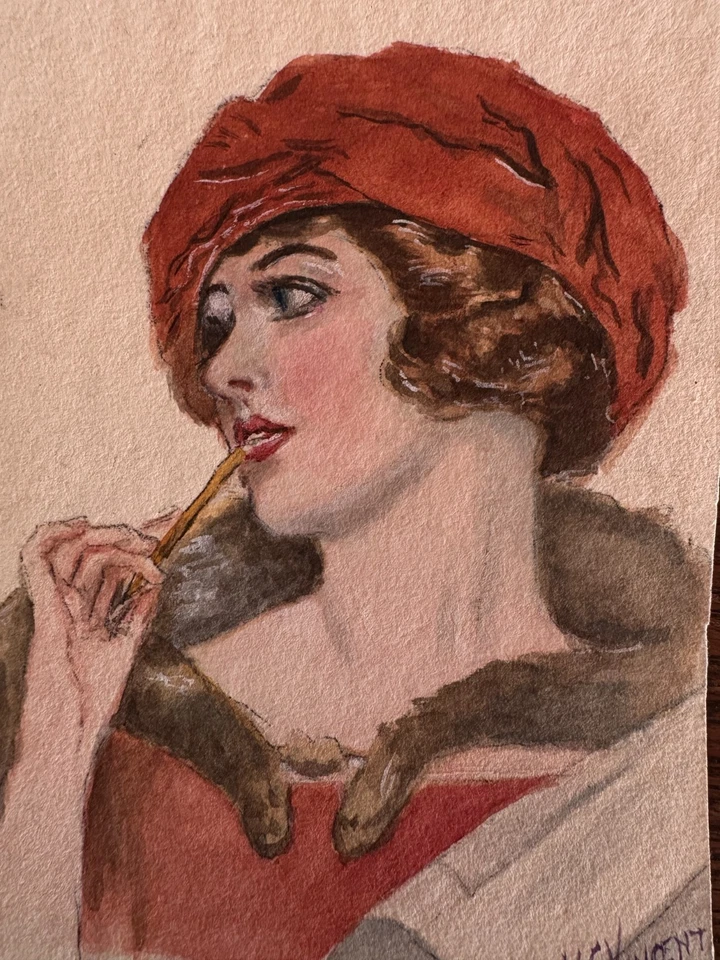 Estola de piel de moda de mujer pintura acuarela vintage de 1920 WC Vincent 4 x 6 Foto 4 de 4