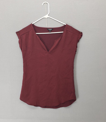 Express Blouse Womens XS Burgundy Cap Sleeve V Neck Lightweight Career Top
