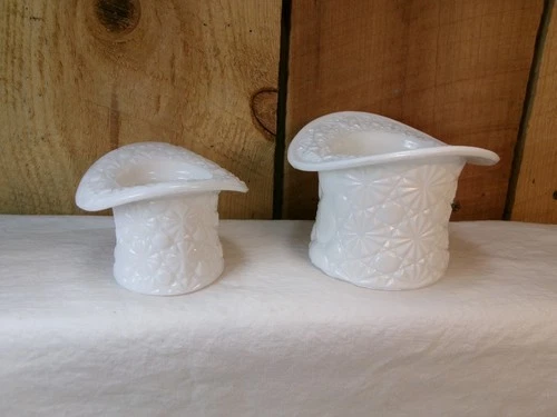Lot of 2 Vintage Fenton Milk Glass Daisy and Button Pattern Top Hats