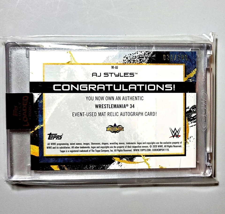 2020 Topps Fully Loaded AJ STYLES! /199 WRESTLEMANIA USED MAT RELIC AUTO! - Image 2 of 2