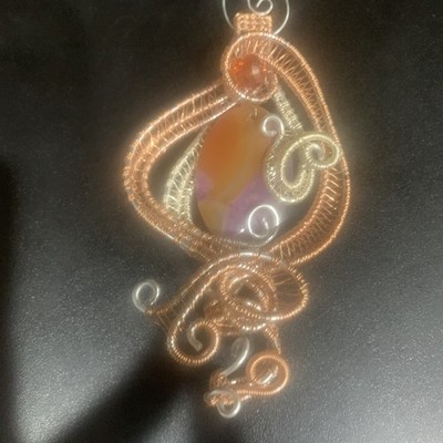 Silver Copper  Tone Peach Purple Agate Oval Bead Hand Made wire Wrapped Ornament