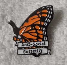 Anti-Social Butterfly pin - enamel metal brooch lapel cartoon - FREE SHIPPING