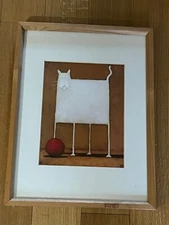 Square Cats by Kessler White Cat w Red Ball Print in Mat & Wood Frame Under