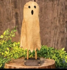 Primitive Halloween Ghost Figurine on Distressed Wood Base  Fall Decor 9.5" Tall
