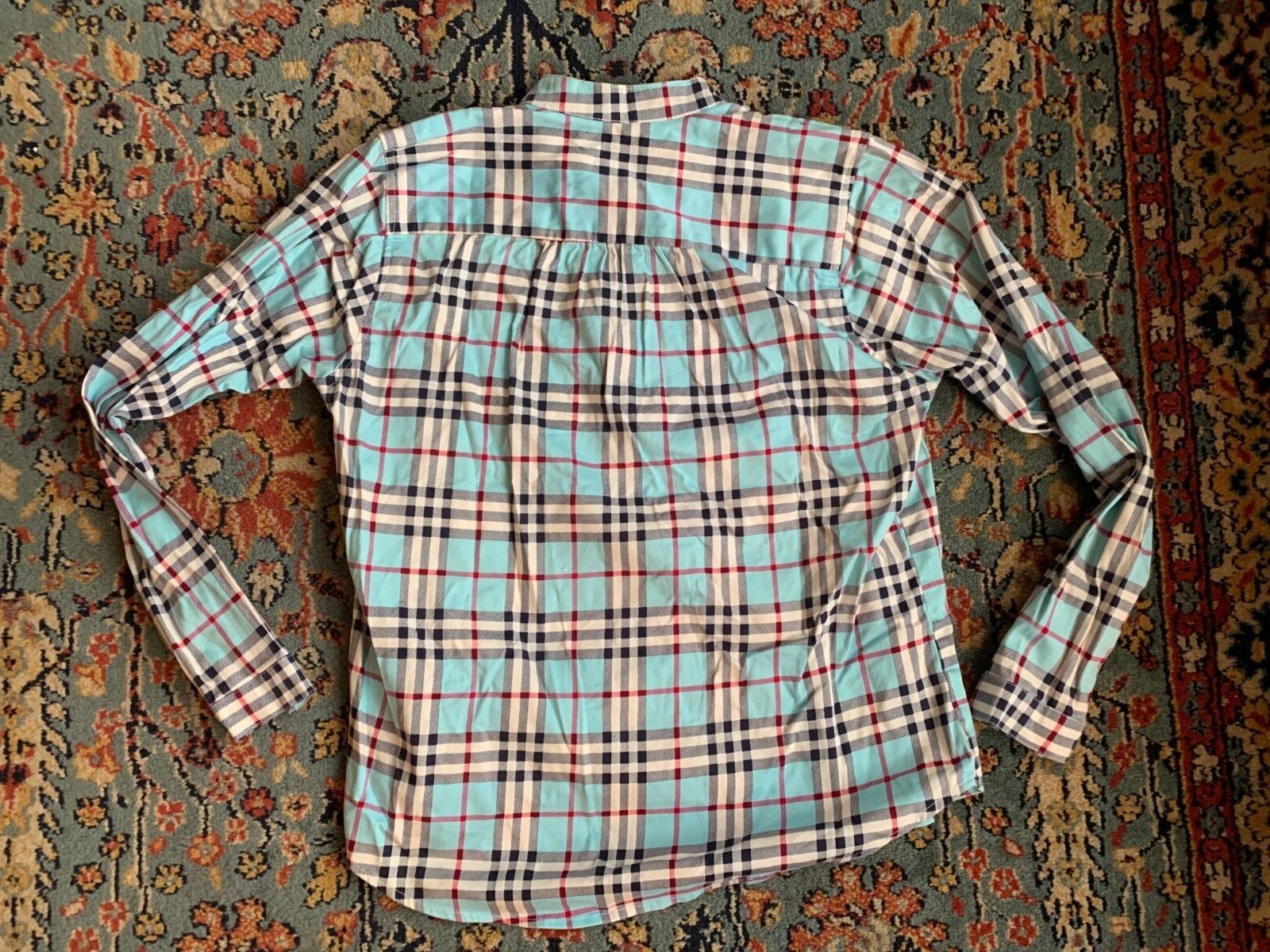 Checkered printed blue button up collarless shirt… - image 2