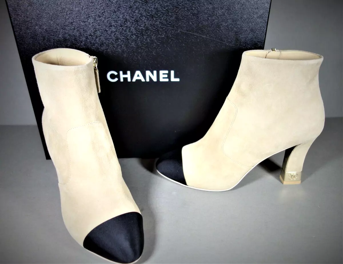 CHANEL 37 beige suede black silk cap point toe boots booties gold