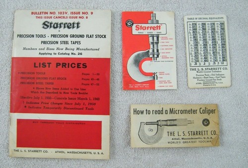 1952 STARRETT BULLETIN NO. 103V ISSUE NO. 9 LIST PRICES OF PRECISION TOOLS