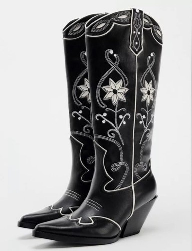 ZARA WOMAN NEU MIT ETIKETT SS24 GEBLÜMT COWBOY-ABSATZ STIEFEL SCHWARZ 3094/310 GRÖSSE 5