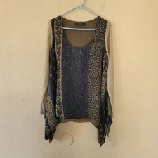 Poeme Citron Knit Chiffon Contrast Long Sleeve Top Med Floral Artsy Asymmetrical