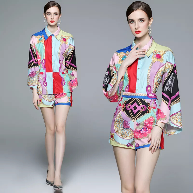 Traje Completo Mujer Estampado Satén Colorido Pantalones Corto Camisa Gitana