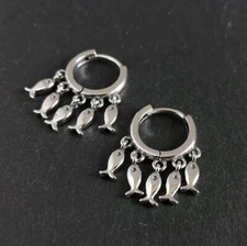 Shiny Sterling Silver Small Tiny Hoop Pierced Earrings with Dangling Small Fish