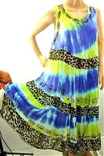 Aqua Blue Women Plus One Free Size Blue Green Tie Dye Boho Gypsy Cover Up Dress