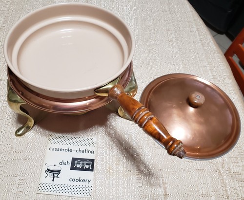 Vintage Globe-Wares Copper & Brass Casserole-Chafing Dish with Cookbook - Picture 3 of 12