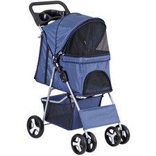 4 Wheels Pet Stroller Foldable Dog Stroller with Cup Holder Easy to Carry Blue