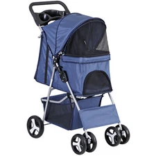 4 Wheels Pet Stroller Foldable Dog Stroller with Cup Holder Easy to Carry Blue
