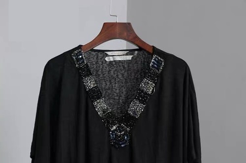 Soft Surroundings Red Black Beaded Poncho Top S/M L/XL Kimono V-Neck Drape Shirt - Picture 8 of 22