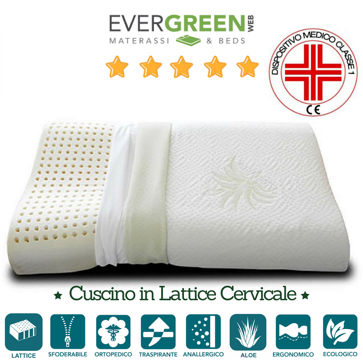 Coppia Di Cuscini Letto 40x70cm - Cotone E Aloe Vera, Anatomici, Antibatterici, Made In Italy