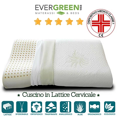 EVERGREENWEB CUSCINO PER LETTO CERVICALE IN LATTICE NATURALE CON ALOE VERA RINFRESCANTE NEW