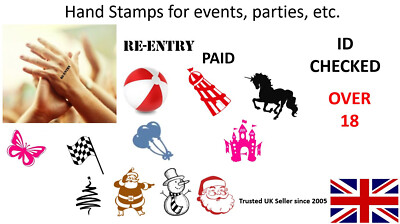 Handstempel für Veranstaltungen, Partys etc. WIEDEREINREISE, AUSWEIS GEPRÜFT, BEZAHLT, ÜBER 18